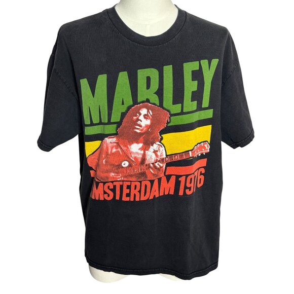 Vintage 90s Y2K Bob Marley Amsterdam 1976 Graphic TShirt 1X Black Reggae Tee - Picture 1 of 7
